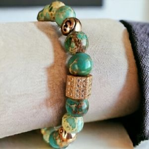 Genuine Handcrafted Sea Foam Jasper Bracelet with Rose Gold Accents